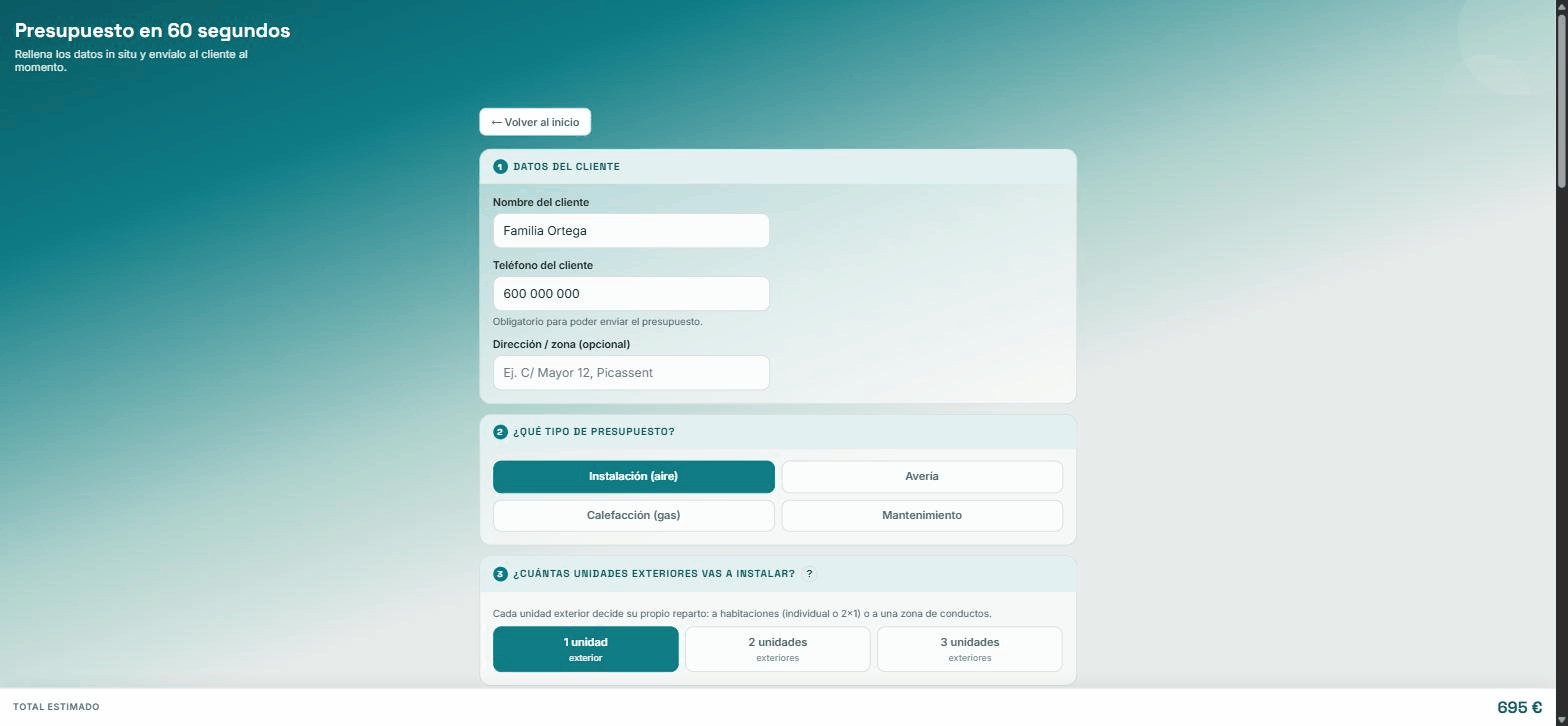 Presupuesto real creado en GesFlow, calculado al instante con el catálogo de la empresa